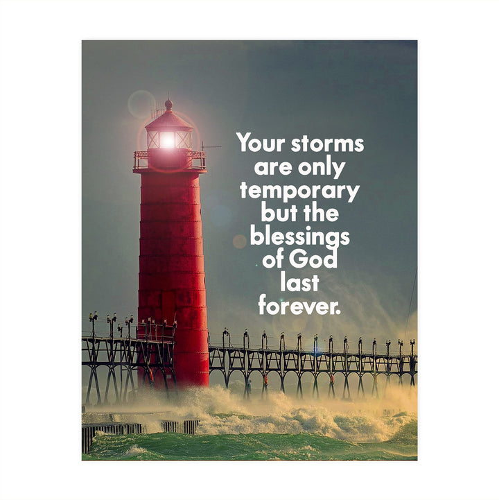 Storms Temporary-Blessings of God Last Forever Inspirational Quotes Wall Art-8x10" Christian Lighthouse Print-Ready to Frame. Nautical Home-Office-Church-Ocean Themed Decor. Great Gift of Faith!