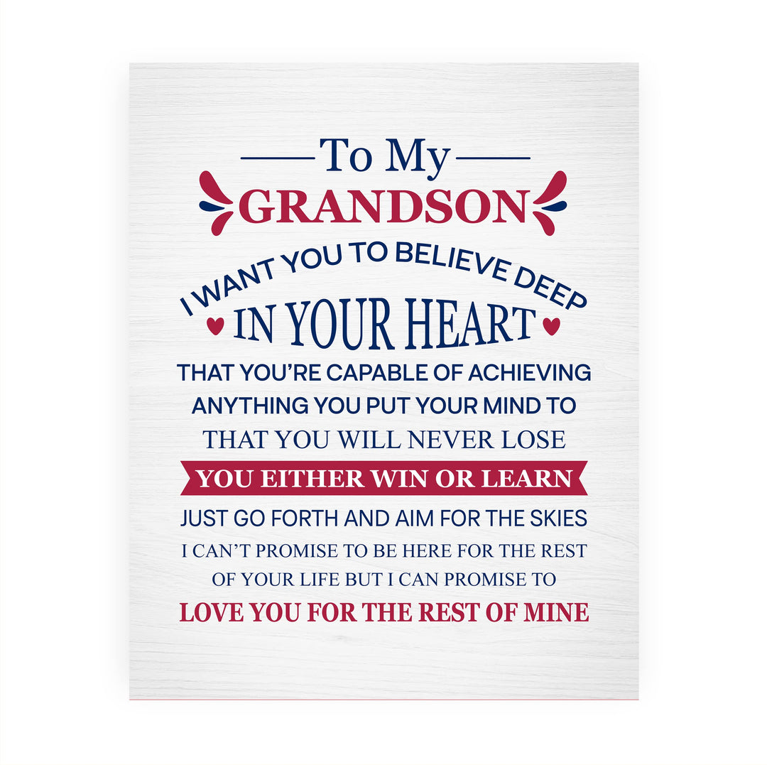 "To My Grandson - Win or Learn" Inspirational Love &amp; Family Wall Decor -8 x 10" Rustic Typographic Art Print -Ready to Frame. Home-Living Room-Office Decoration. Perfect Gift for Grandsons!