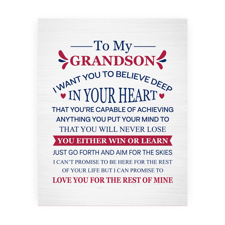 "To My Grandson - Win or Learn" Inspirational Love &amp; Family Wall Decor -8 x 10" Rustic Typographic Art Print -Ready to Frame. Home-Living Room-Office Decoration. Perfect Gift for Grandsons!