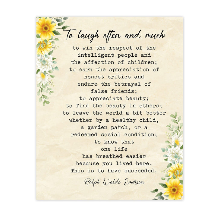 To Laugh Often and Much-Ralph Waldo Emerson Poem Print - 11 x 14" Floral Poetic Wall Art Print -Ready to Frame. Inspirational Home-Office-Study-Classroom-Library Decor. Great Gift for Poetry Fans!