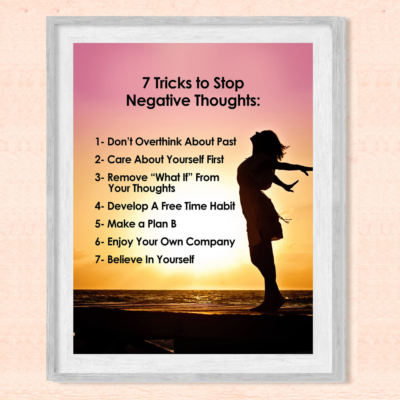7 Tricks to Stop Negative Thoughts Motivational Quotes Wall Art -8x10" Beach Sunset Picture Print -Ready to Frame. Inspirational Home-Office-School-Teens Decor. Positive Gift for Motivation!