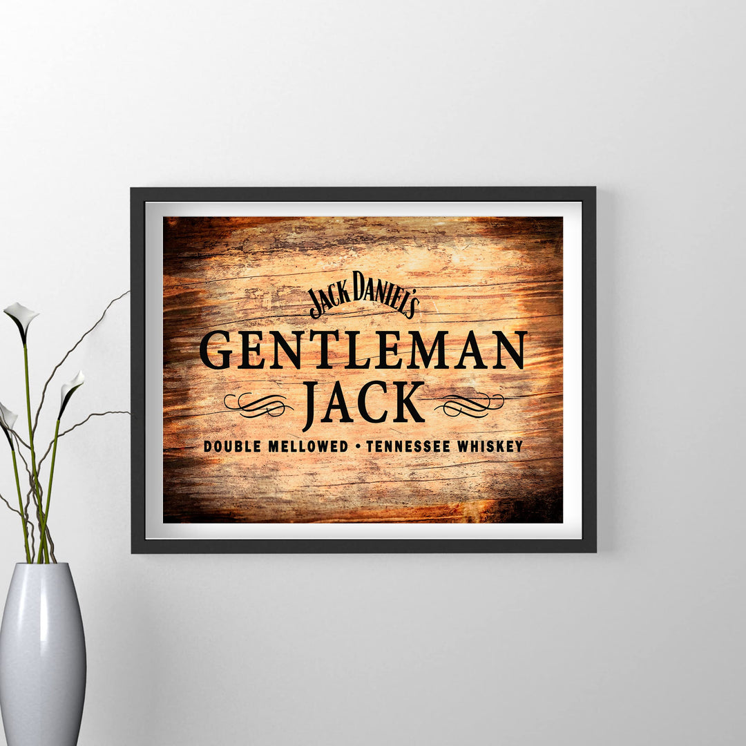 "Gentleman Jack"- Tennessee Bourbon Whiskey Wall Art - Rustic Wood Design Alcohol Print -Ready to Frame. Home-Kitchen-Bar-Man Cave Decor. Great Gift for All Liquor Drinkers!
