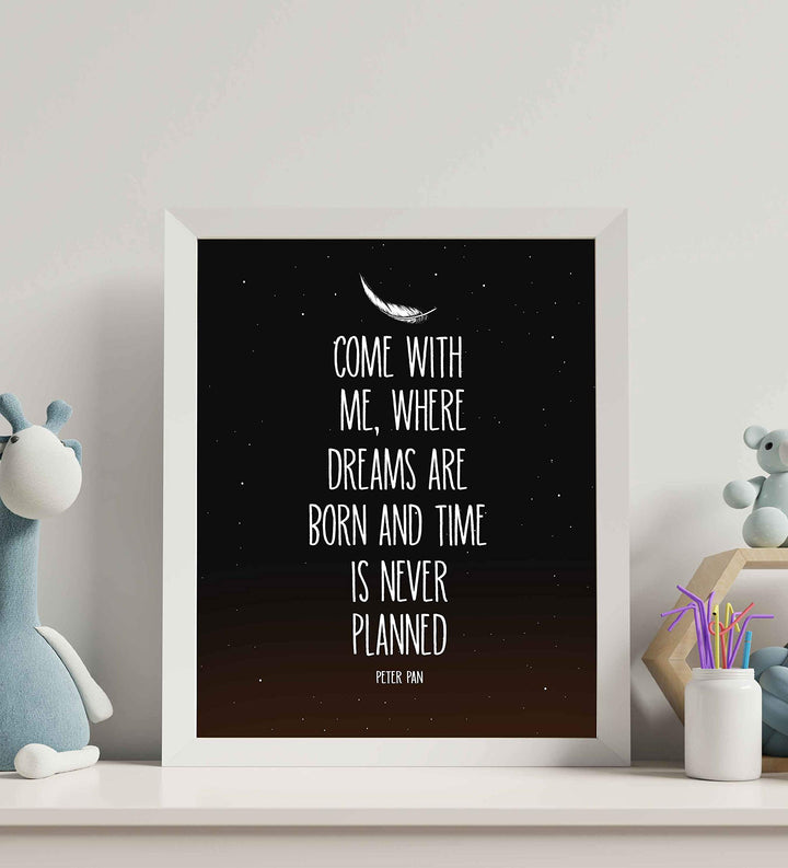 Peter Pan Quotes-"Where Dreams Are Born &amp; Time Never Planned"-8 x 10 Wall Art Sign-Ready to Frame. Starry Night Typographic Print. Perfect for Home-Bedroom-Play Room Decor. Great for Peter Pan Fans!