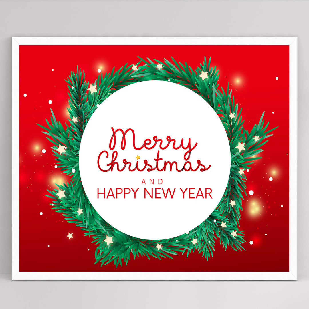 Merry Christmas &amp; A Happy New Year Holiday Decor Wall Art -10 x 8" Modern Christmas Wreath Art Print-Ready to Frame. Festive Home-Kitchen-Farmhouse Decor. Perfect Welcome Sign-Winter Decoration!