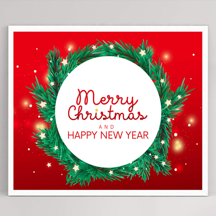 Merry Christmas &amp; A Happy New Year Holiday Decor Wall Art -10 x 8" Modern Christmas Wreath Art Print-Ready to Frame. Festive Home-Kitchen-Farmhouse Decor. Perfect Welcome Sign-Winter Decoration!