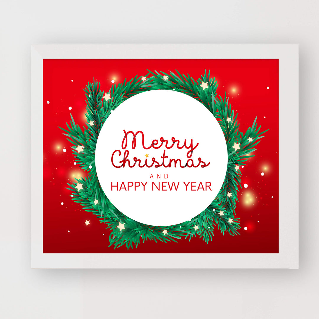 Merry Christmas &amp; A Happy New Year Holiday Decor Wall Art -10 x 8" Modern Christmas Wreath Art Print-Ready to Frame. Festive Home-Kitchen-Farmhouse Decor. Perfect Welcome Sign-Winter Decoration!