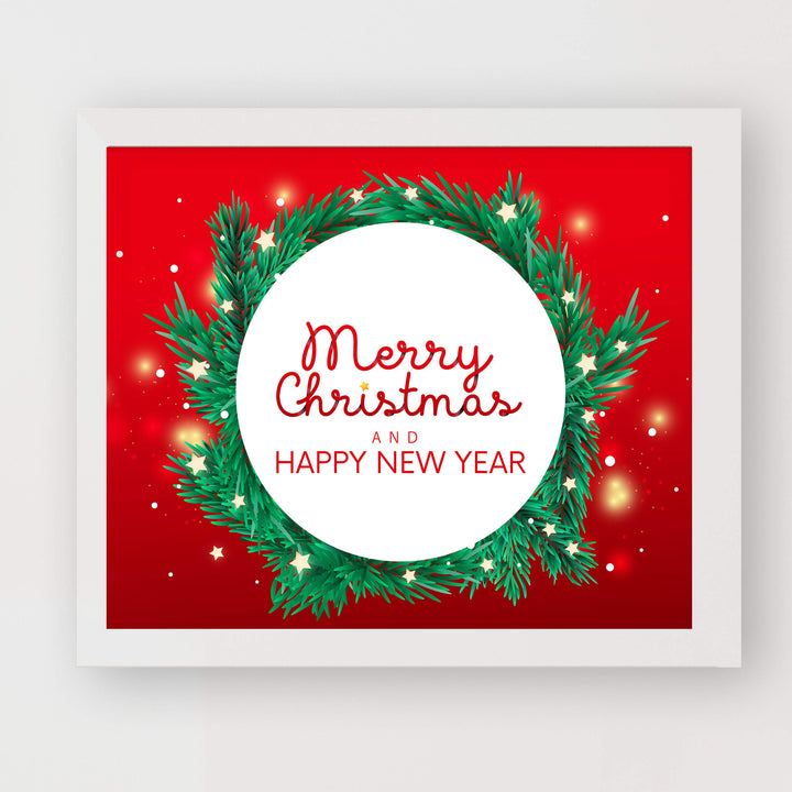 Merry Christmas &amp; A Happy New Year Holiday Decor Wall Art -10 x 8" Modern Christmas Wreath Art Print-Ready to Frame. Festive Home-Kitchen-Farmhouse Decor. Perfect Welcome Sign-Winter Decoration!