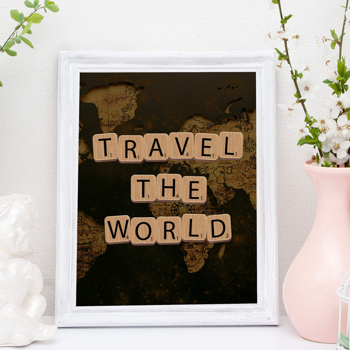 Travel the World Quotes-Map Print -11 x 14" Scrabble Piece Wall Art Print-Ready to Frame. Inspirational Home-Office-School-Library Decor. Funny Gift for Travelers &amp; Companions. Road Trip!