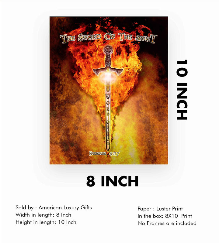 The Sword of the Spirit-Word of God-Ephesians 6:17-Bible Verse Wall Art-8 x 10"-Ready to Frame. Scripture Wall Print w/Replica Metal Sword &amp; Fire. Home-Office-Church D?cor. Perfect Christian Gift!