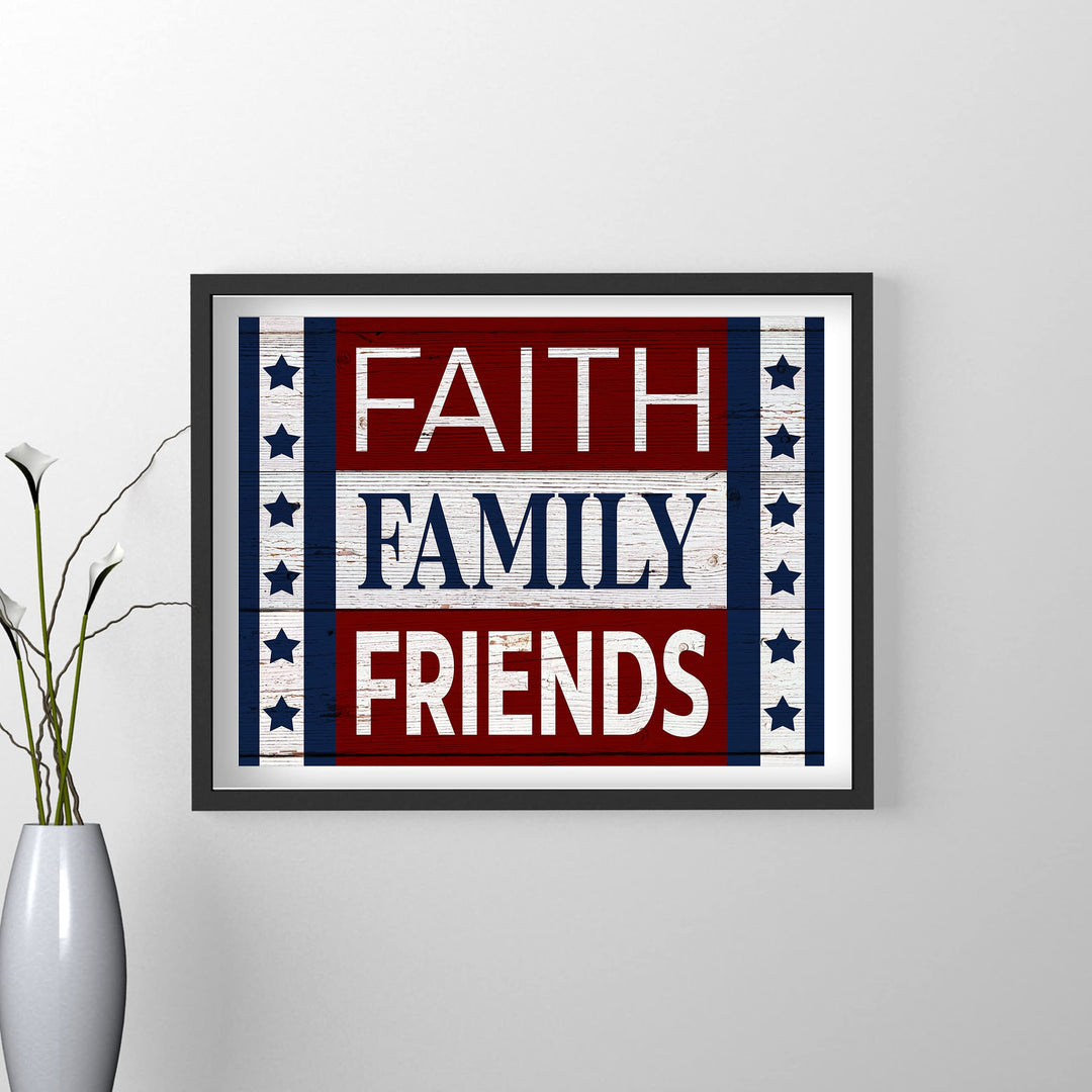 Faith-Family-Friends-Patriotic American Flag Print-14x11" Motivational Farmhouse Poster Print-Ready to Frame. Inspirational Home-Office-Christian-Welcome Decor. Great Gift! Printed on Photo Paper.