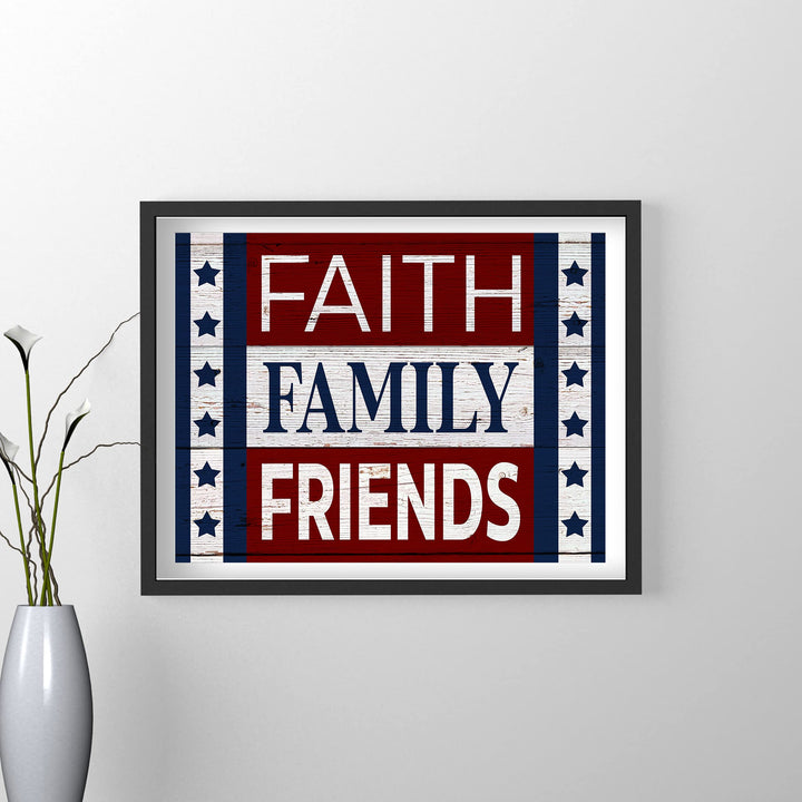 Faith-Family-Friends-Patriotic American Flag Print-14x11" Motivational Farmhouse Poster Print-Ready to Frame. Inspirational Home-Office-Christian-Welcome Decor. Great Gift! Printed on Photo Paper.