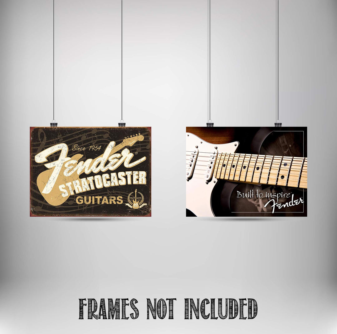 Fender Guitar- Retro Poster Prints-"Stratocaster-Built to Inspire"- Wall Art Set of Two-10 x 8&