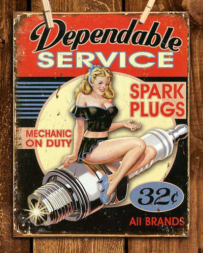 Dependable Service-Spark Plugs-32?- Vintage Garage Sign Print-8 x10" Retro Wall Decor-Ready To Frame. Distressed Sign Replica Print. Great Mens Gift Home-Office Decor. Great for Man Cave-Shop.