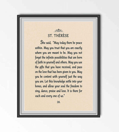 May There Be Peace Within-St. Therese Book Page Print-8 x 10" Poetic Wall Art w/Replica Linen Texture Design-Ready To Frame. Inspirational Home-Office-Church-School Decor. Great Catholic Gift!