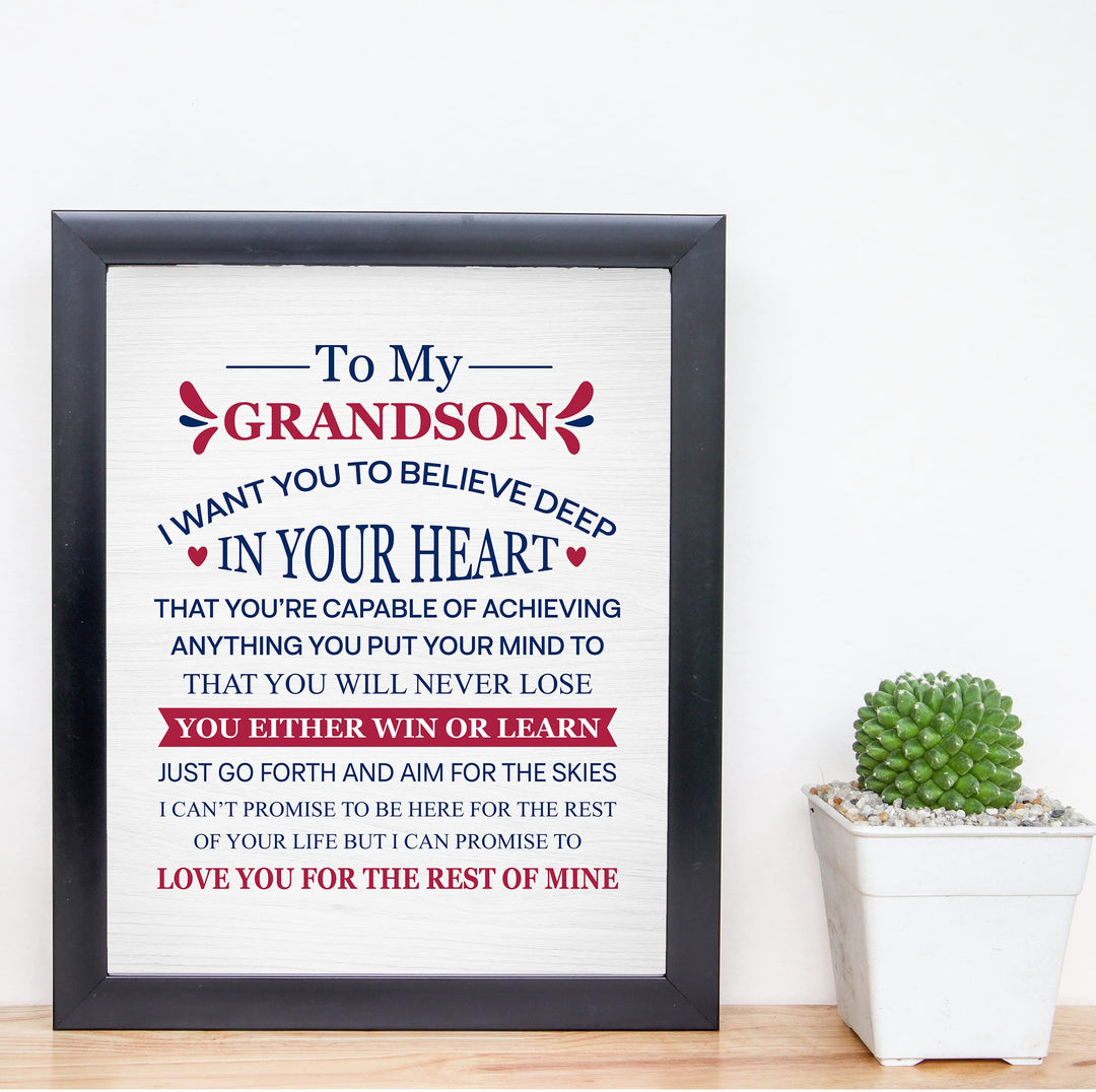 "To My Grandson - Win or Learn" Inspirational Love &amp; Family Wall Decor -8 x 10" Rustic Typographic Art Print -Ready to Frame. Home-Living Room-Office Decoration. Perfect Gift for Grandsons!