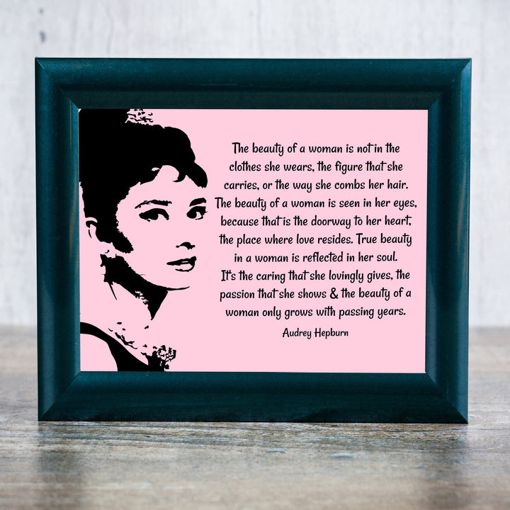 The Beauty of a Woman in Pink-Audrey Hepburn Quotes- 8 x 10" Inspirational Wall Art. Typography Poster Print w/Silhouette Image-Ready to Frame. Home-Office-Studio-Salon Decor. Gift of True Beauty!
