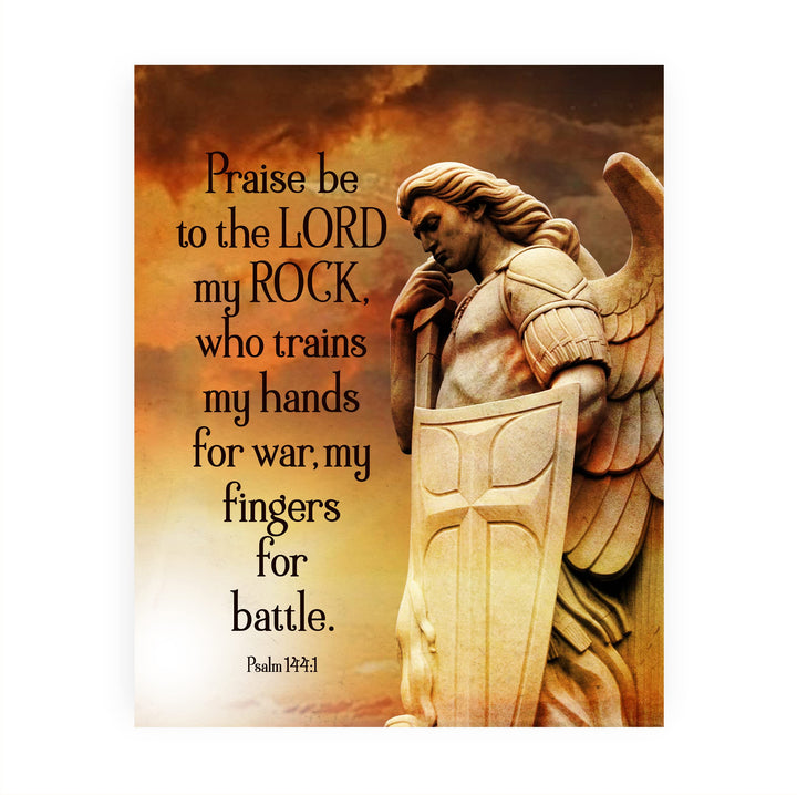 Praise Be to the Lord, My Rock-Bible Verse Wall Art-8 x 10" Scripture Print w/Angel Warrior Image-Ready to Frame. Christian Decor for Home-Office-Church. Great Religious Gift of Faith! Psalm 144:1