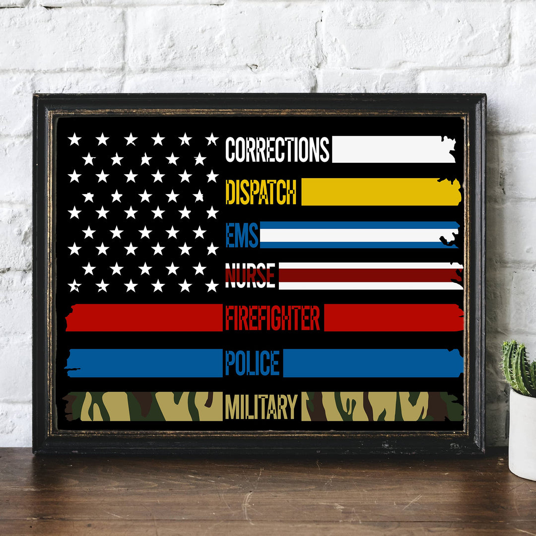 Military &amp; First Responders-Real American Heroes Patriotic Wall Art -14 x 11" Rustic American Flag Poster Print-Ready to Frame. Home-Office-Bar-Cave-School Decor. Show Your Respect! Great Gift!