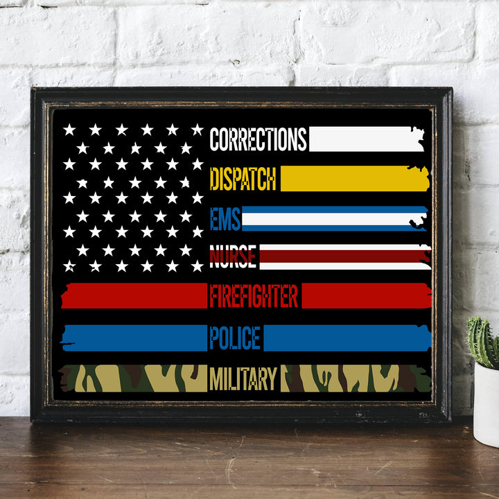 Military &amp; First Responders-Real American Heroes Patriotic Wall Art -14 x 11" Rustic American Flag Poster Print-Ready to Frame. Home-Office-Bar-Cave-School Decor. Show Your Respect! Great Gift!