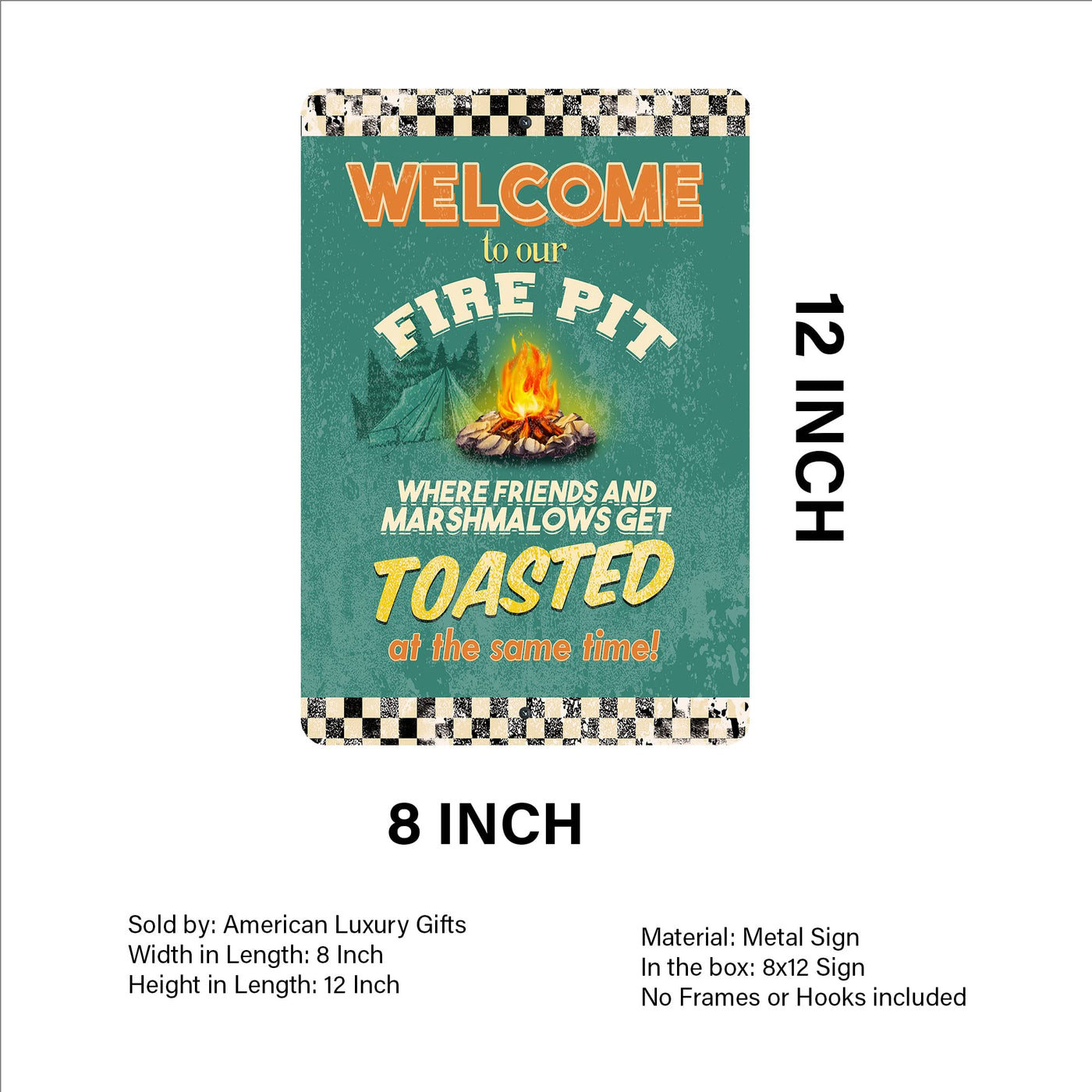 Welcome to Our Fire Pit Metal Signs Vintage Wall Art -8 x 12" Funny Rustic Outdoor Sign for Lake, Patio, Camp, Lodge - Tin Sign Decor for Home-Deck-Cabin- Mountain Themed Accessories & Gifts!