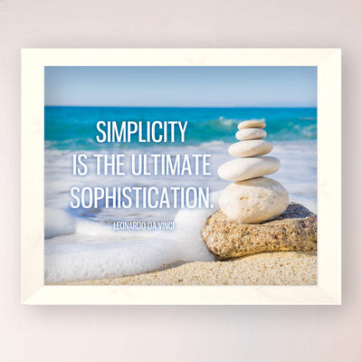 Leonardo Da Vinci Quotes-"Simplicity Is the Ultimate Sophistication"-Inspirational Wall Art -10 x 8" Beach Photo Print w/Stacked Stones Image-Ready to Frame. Home-Office-Studio-School-Library Decor.