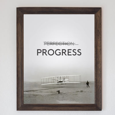 Progress Motivational Quotes Wall Art Sign -8 x 10" Black & White Vintage Airplane Picture Print -Ready to Frame. Inspirational Decor for Home-Office-Classroom-Gym. Great Gift for Motivation!