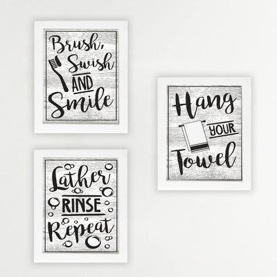 Bathroom"Procedures" Fun Bath Decor Set (3) 8 x10"s Wall Decor. Modern Typographic Wall Prints-Ready To Frame."Brush-Lather-Hang Towel"-Wood Sign Replicas. Perfect Reminders For Kids-Guest Bath.