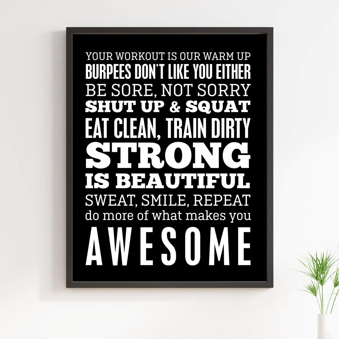 Be Sore, Not Sorry-Sweat, Smile, Repeat-11 x 14" Motivational Exercise Poster Print. Funny Typographic Wall Art Sign- Ready to Frame. Home-Office-Gym-Garage Decor. Great Novelty Gift of Motivation!