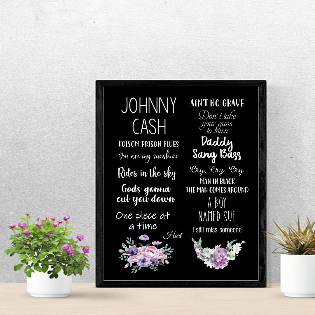 Johnny Cash-Greatest Hits Wall Art Sign -11 x 14" Song Titles Floral Poster Print -Ready to Frame. Rustic Decor for Home-Studio-Bar-Dorm-Cave. Great Gift for All Country Music Fans!