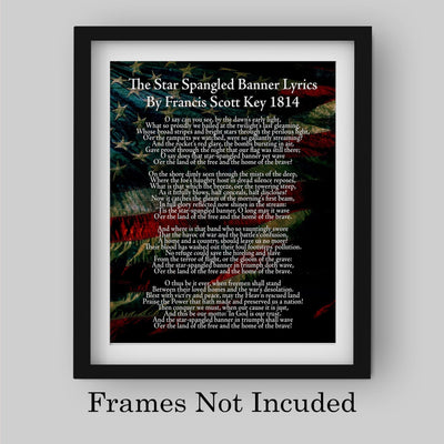 "Star Spangled Banner Lyrics"-National Anthem Song Art Wall Decor -11 x 14" American Flag Poster Print-Ready to Frame. Patriotic Home-Office-School-Garage-Cave-History Classroom Decor.