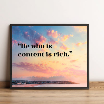 He Who Is Content Is Rich- Inspirational Quotes Wall Art -10 x 8"- Beach Sunset Picture Print -Ready to Frame. Spiritual Decor for Home-Office-School-Ocean Themes. Great Reminder to Be Grateful!