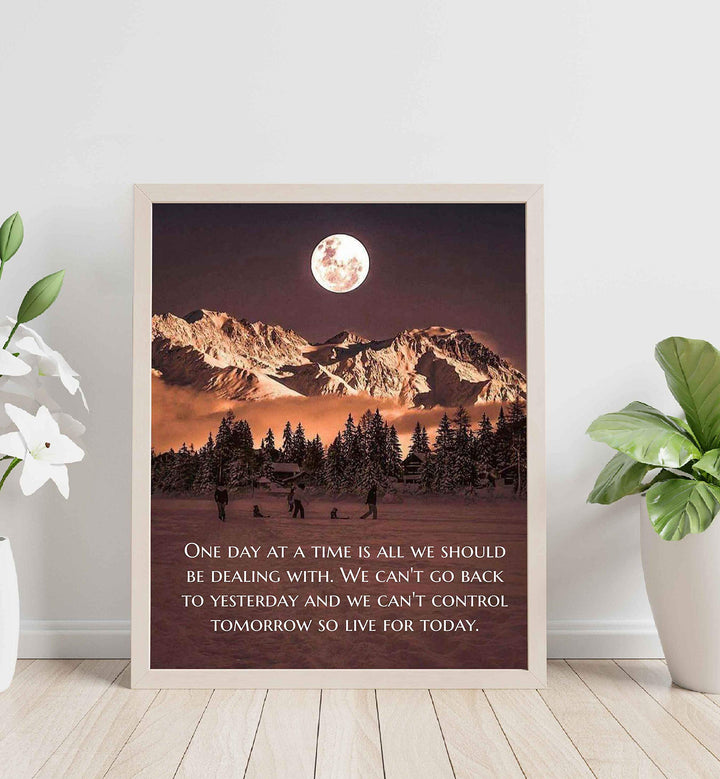 One Day at a Time-Live for Today-Life Quotes Wall Print-8 x 10" Inspirational Wall Art-Ready to Frame. Modern Photo Print w/Moon &amp; Snowy Mountain Landscape. Perfect Home-Office-School Decor.