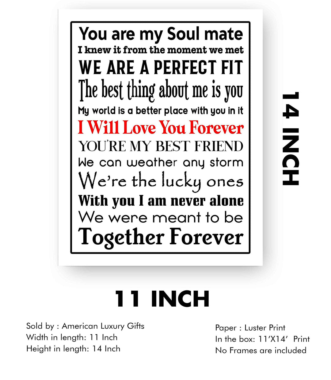 You Are My Soul Mate Love Quotes Wall Art Decor -11 x 14" Inspirational Love &amp; Marriage Poster Print-Ready to Frame. Romantic Gift for Spouse-Partner-Newlyweds. Perfect Wedding-Anniversary Present!