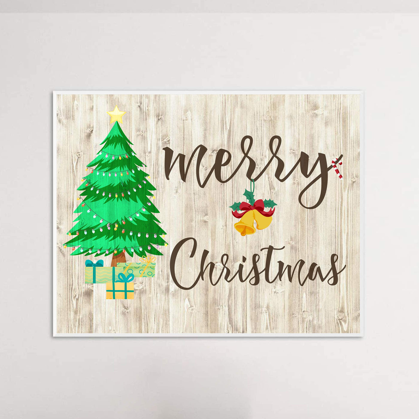 Merry Christmas Rustic Holiday Wall Decor -14 x 11" Festive Winter Art Print with Christmas Tree Image-Ready to Frame. Home-Kitchen-Farmhouse-Welcome Decor. Great Christian Gift! Printed on Paper.