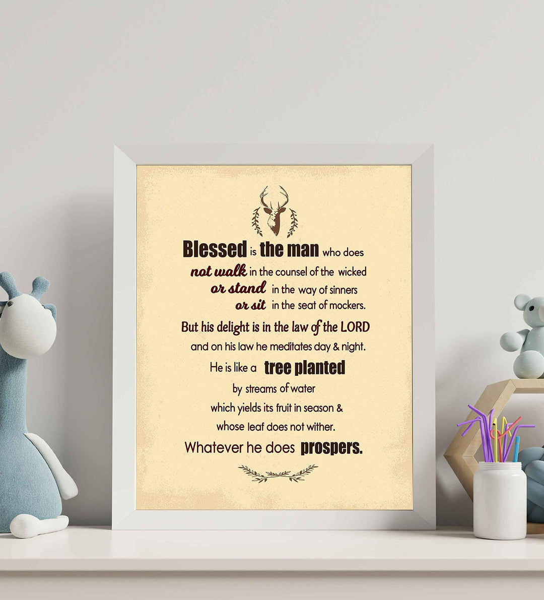 Psalm 1:1-3-"Blessed Is the Man-Whatever He Does Prospers"-Bible Verse Wall Art -8 x 10" Distressed Typographic Poster Print-Ready to Frame. Inspirational Christian Decor for Home-Office-Church.