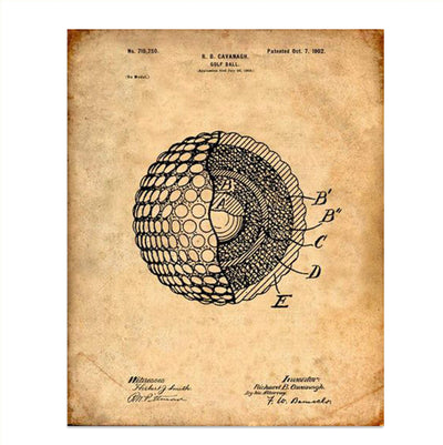 Golf Ball-Patent Print- 8 x10" Golf Wall Art Decor- Parchment Prints Replica- Ready To Frame. Golf Gifts- Home Decor- Office Decor. Great for Man Cave, Club House, Bar or 19th Hole.
