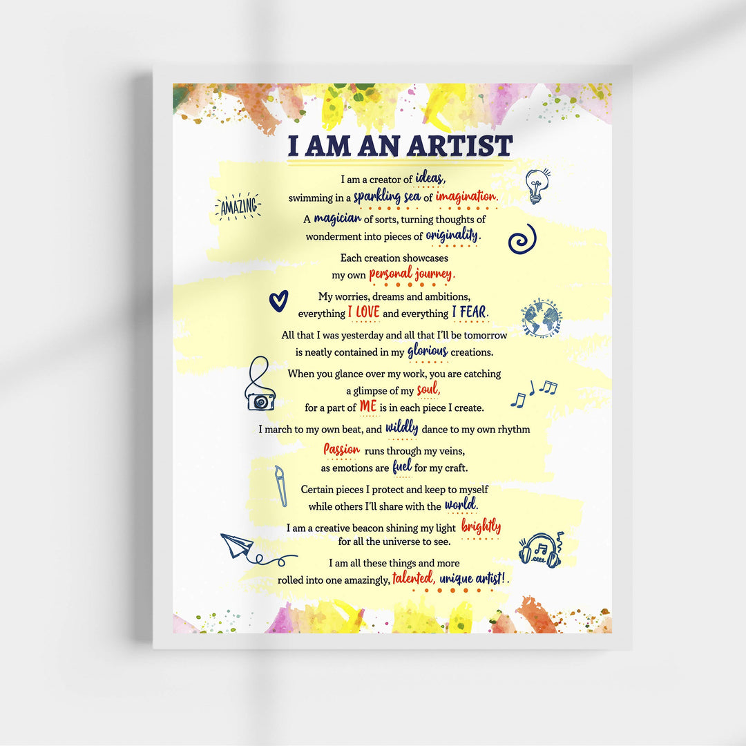 I Am An Artist-A Creator of Ideas Inspirational Quotes Wall Art Sign -11 x 14" Abstract Art Print -Ready to Frame. Home-Office-Studio-Dorm Decor. Perfect Classroom Sign! Great Gift for Artists!