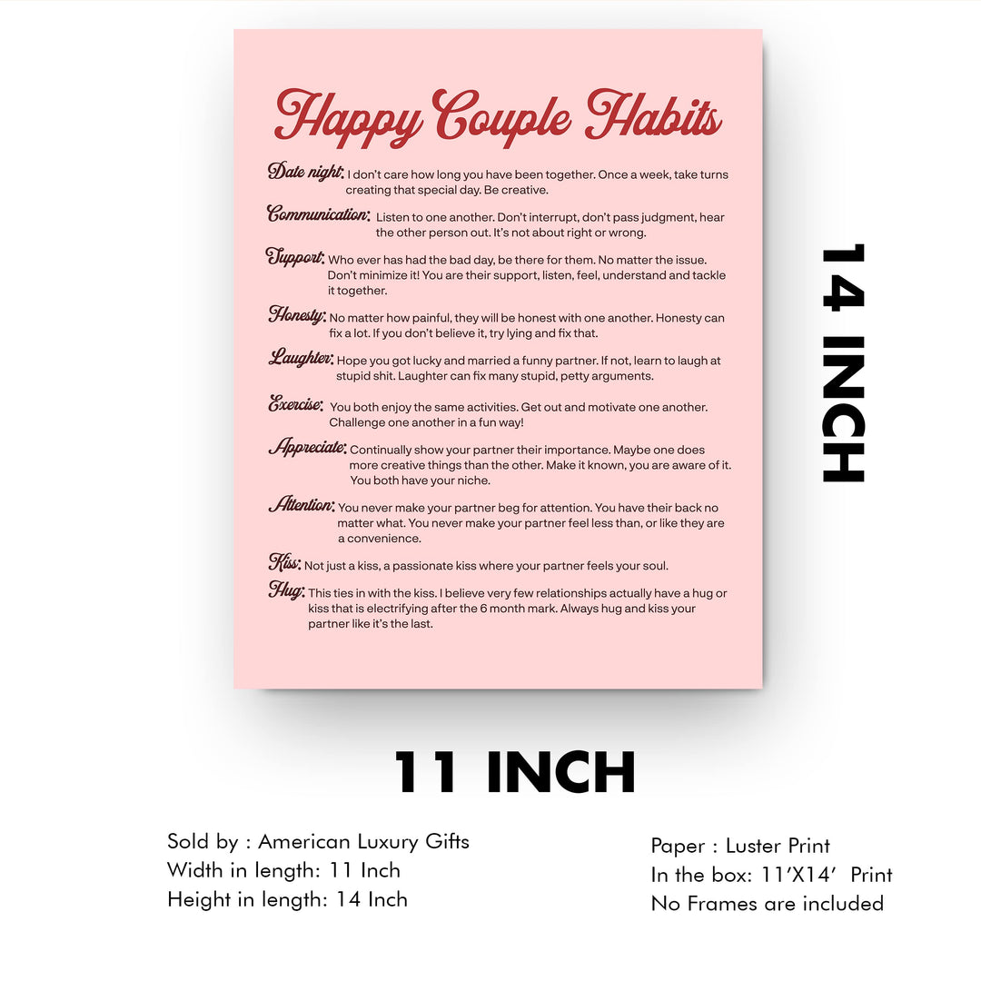 Happy Couple Habits Inspirational Wall Art Decor -11 x 14" Love &amp; Marriage Life Lessons Print -Ready to Frame. Modern Typographic Design. Romantic Anniversary Gift &amp; Wedding Sign for All Couples!