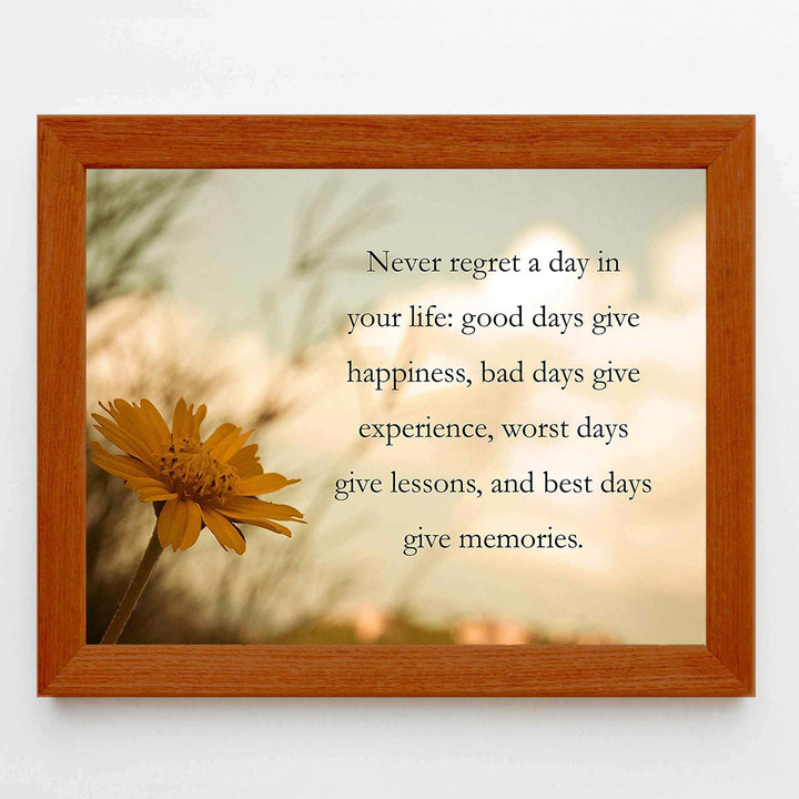 Never Regret A Day In Your Life Inspirational Quotes Wall Art -10 x 8" Floral Typographic Photo Print-Ready to Frame. Positive Quotes for Home-Office-Studio-School Decor. Great Gift &amp; Reminder!