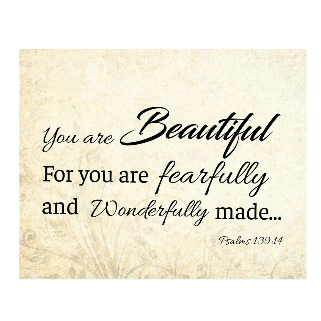 You are Beautiful. Fearfully &amp; Wonderfully Made-Psalm 139:14- Bible Verse Wall Art. 10 x 8"-Scripture Wall Print-Ready to Frame. Modern Typographic Floral Design. Home-Office D?cor. Christian Gifts.