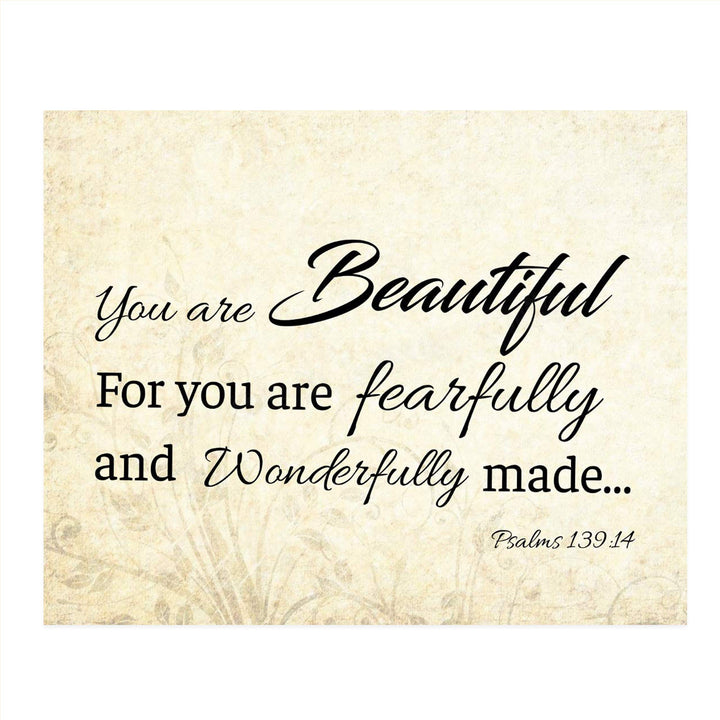 You are Beautiful. Fearfully &amp; Wonderfully Made-Psalm 139:14- Bible Verse Wall Art. 10 x 8"-Scripture Wall Print-Ready to Frame. Modern Typographic Floral Design. Home-Office D?cor. Christian Gifts.