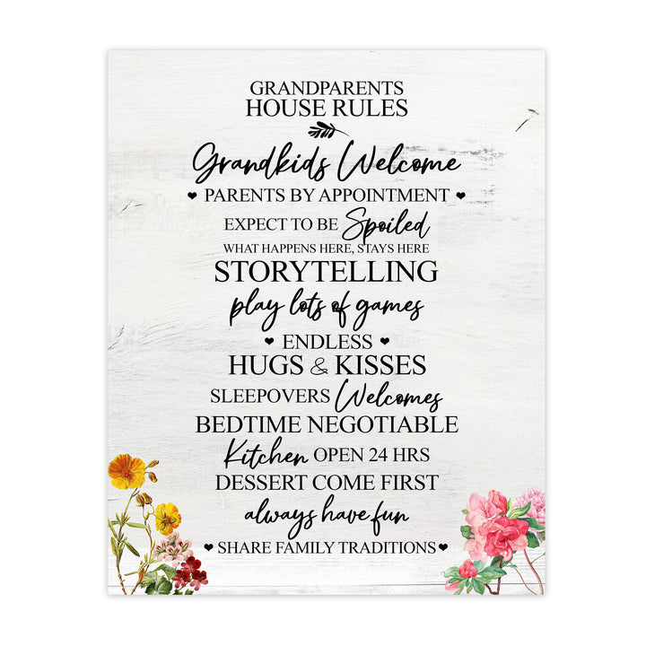 Grandparents House Rules Family Wall Art -11 x 14" Funny Typographic Poster Print-Ready to Frame. Inspirational Floral Decoration Home-Kitchen-Farmhouse Decor. Perfect Gift for Grandma &amp; Grandpa!