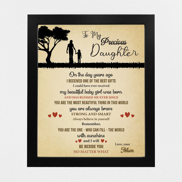 To My Precious Daughter -Love Mom Inspirational Family Wall Art -8 x 10" Rustic Mom &amp; Daughter Silhouette Print -Ready to Frame. Home - Girls Bedroom Decor. Loving, Keepsake Gift for All Daughters!