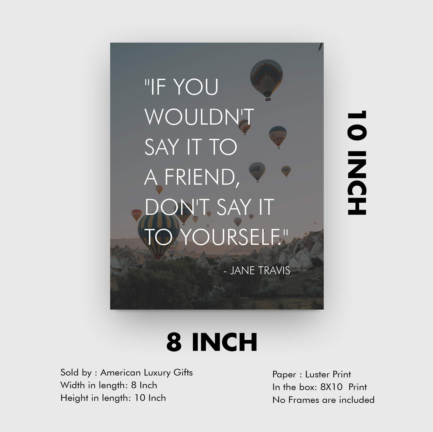 If You Wouldn't Say It to a Friend, Don't Say It to Yourself Inspirational Quotes Wall Art -8 x 10" Modern Typographic Photo Print w/Hot Air Balloons-Ready to Frame. Home-Office-School-Dorm Decor.