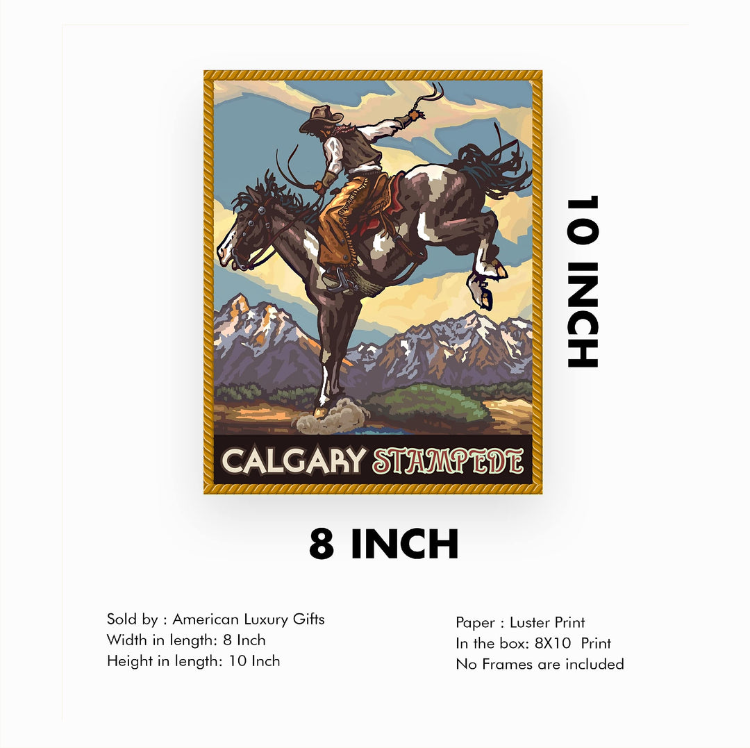 "Calgary Stampede" Cowboy Riding Horse Wall Art Sign -8 x 10" Country Rustic Rodeo Poster Print -Ready to Frame. Home-Office-Farmhouse Decor. Perfect Gift for All Cowboys &amp; Cowgirls!