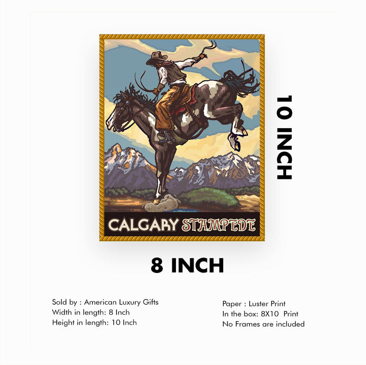 "Calgary Stampede" Cowboy Riding Horse Wall Art Sign -8 x 10" Country Rustic Rodeo Poster Print -Ready to Frame. Home-Office-Farmhouse Decor. Perfect Gift for All Cowboys &amp; Cowgirls!