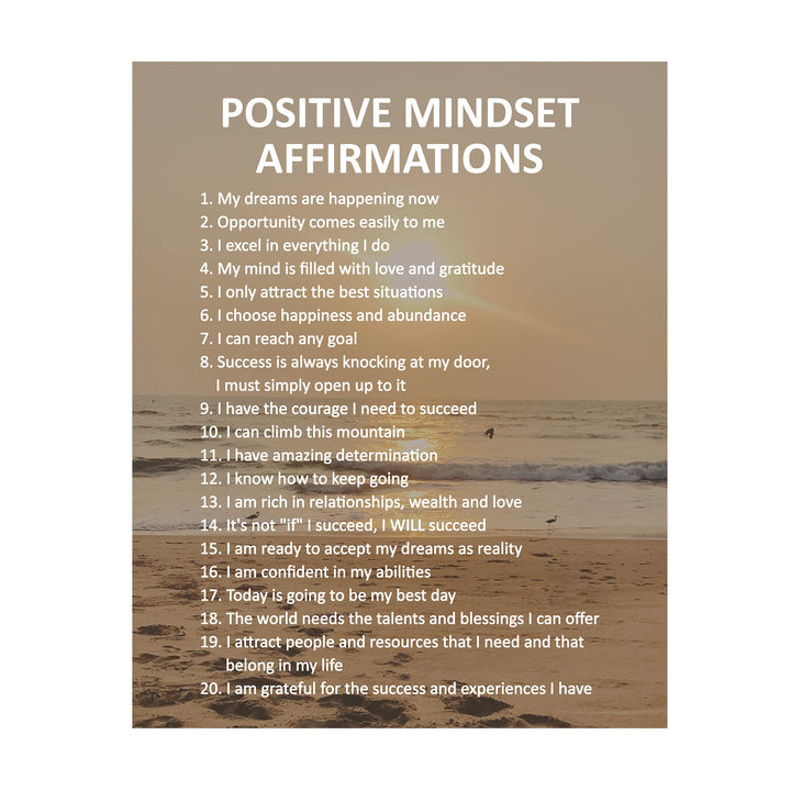Positive Mindset Affirmations- Motivational Quotes Wall Art -11 x 14" Inspirational Beach Sunset Print Wall Decor -Ready to Frame. Wall Print for Home-Office-Ocean Themed-Zen-Meditation Decor.