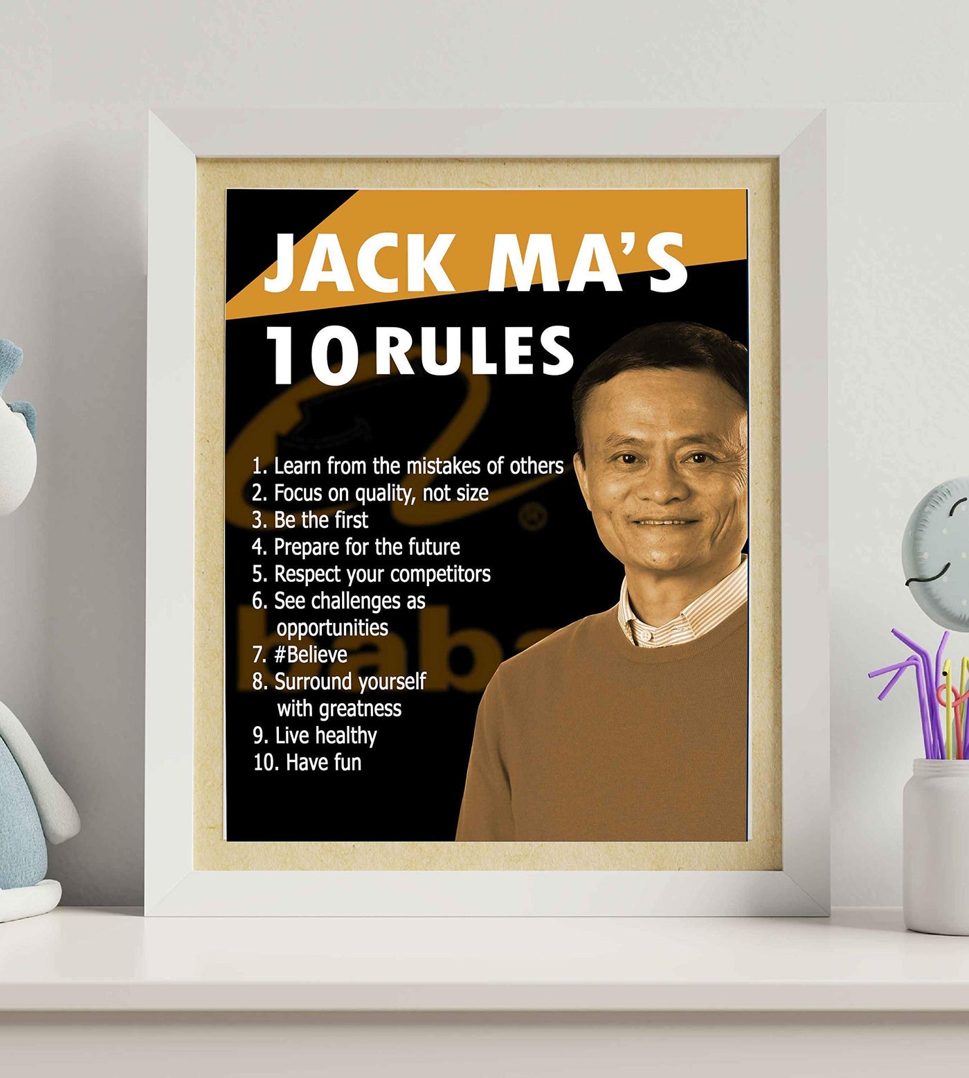 Jack Ma's Ten Rules -Inspirational Quotes Wall Art - 8 x 10" Modern Typographic Poster Print w/Silhouette Image-Ready to Frame. Positive Home-Office-Classroom Decor! Great Motivational Gift!