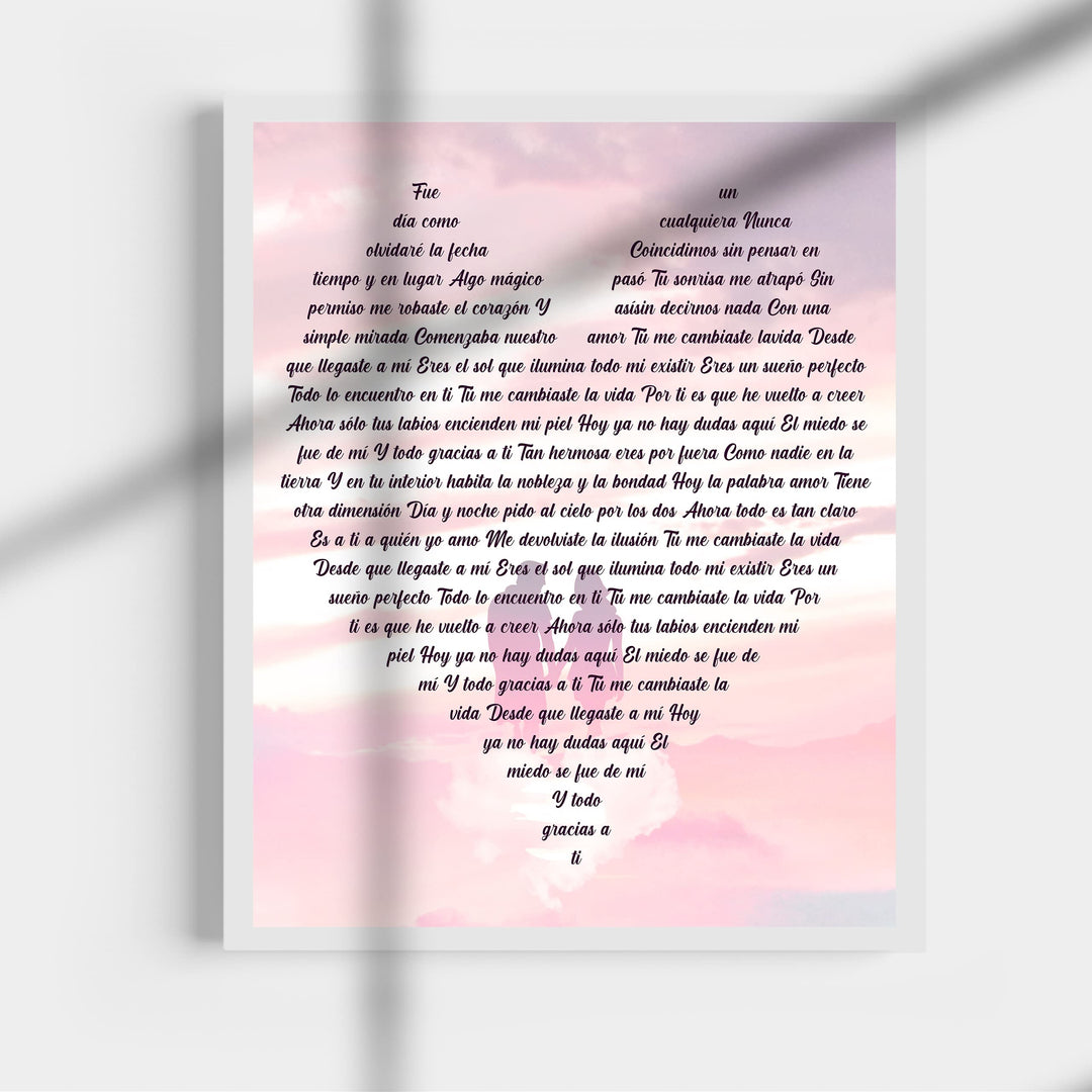 "Tu Me Cambiaste La Vida" Spanish Love Song Wall Art -11 x 14" Romantic Music Lyrics Wall Print -Ready to Frame. Loving Home-Bedroom-Studio Decor. Cute Gift for Couples &amp; Valentines!