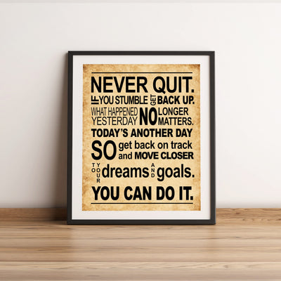 Never Quit-Get Back Up Motivational Quotes Wall Art Sign -11 x 14" Inspirational Exercise and Fitness Poster Print -Ready to Frame. Perfect Home-Gym-Weight Room Decor. Great Gift of Motivation!